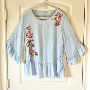 Light Blue Floral Embroidered Ruffle Top